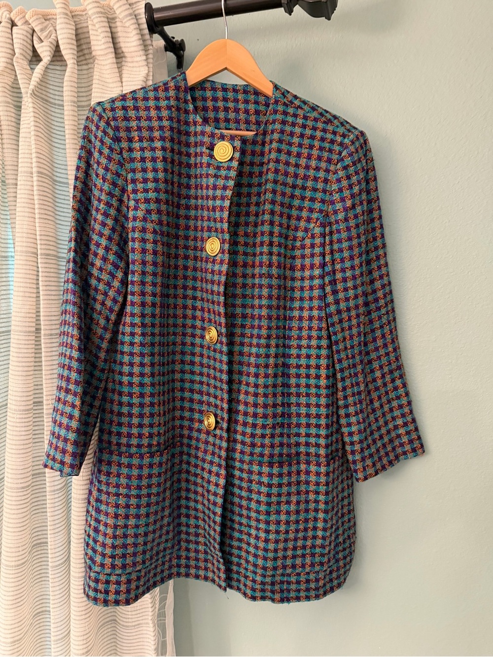 Doncaster 100% silk Women’s Multicolor Houndstooth Wool Coat Gold Buttons 12